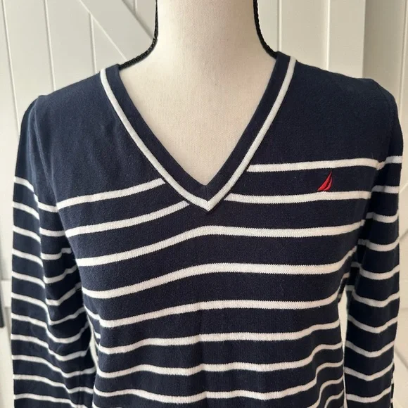 Women's Nautica Navy & White Striped V-Neck Cotton Sweater | Size Small - Picture 2 of 4